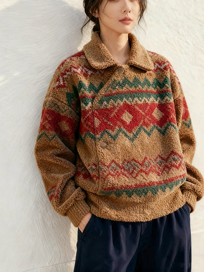 Women's 2025 Autumn Winter Christmas Lamb Wool Coat - Korean Chanel-Inspired Fair Isle Thick High-End Coat