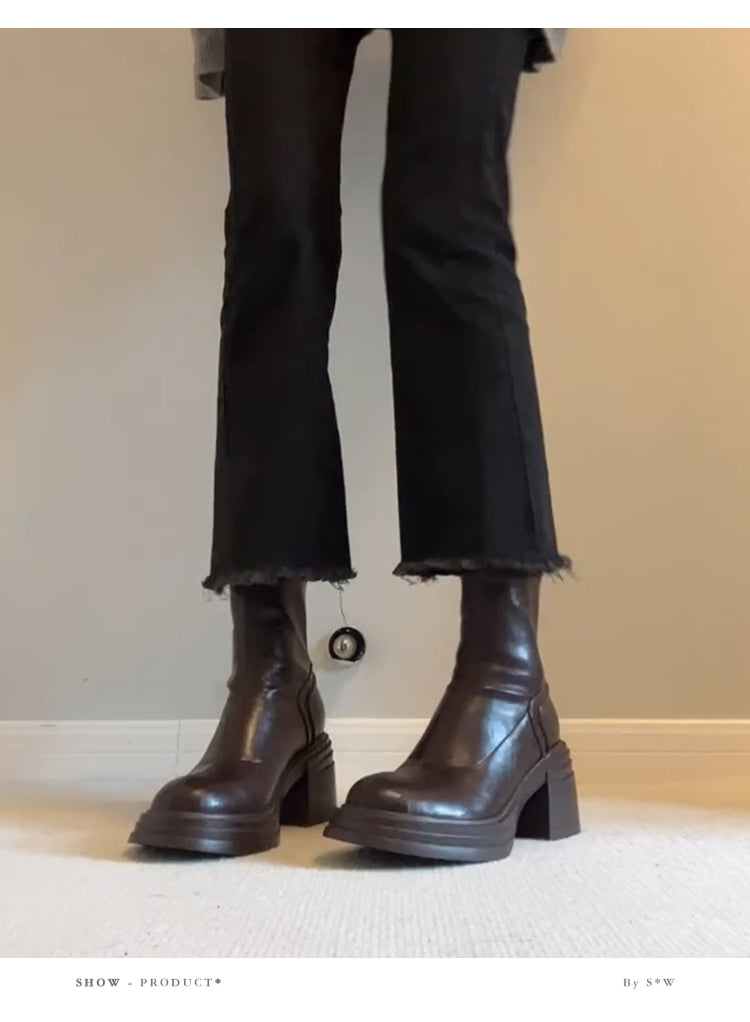 Women's Retro Genuine Leather Martin Boots - Brown Cowhide Thick-Soled Back-Zip Chunky Heel Boots