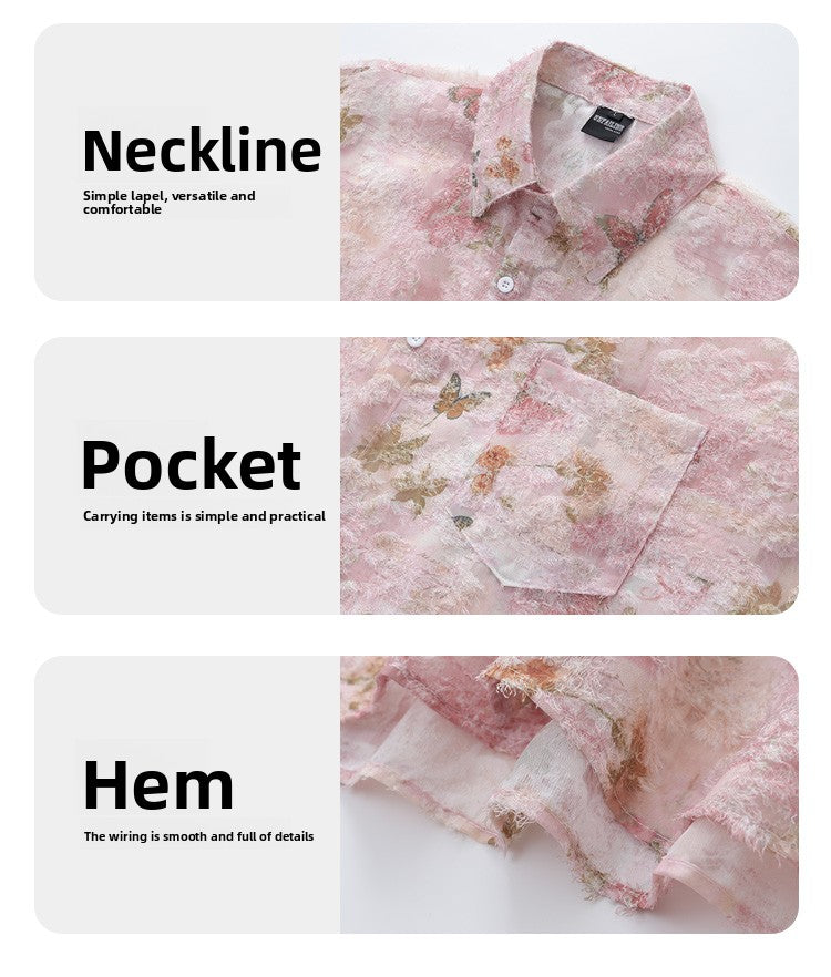 Lazy Style Tassel Butterfly Full Print Short Sleeve Shirt for Men Summer Design Sense Niche Beach Floral Shirt