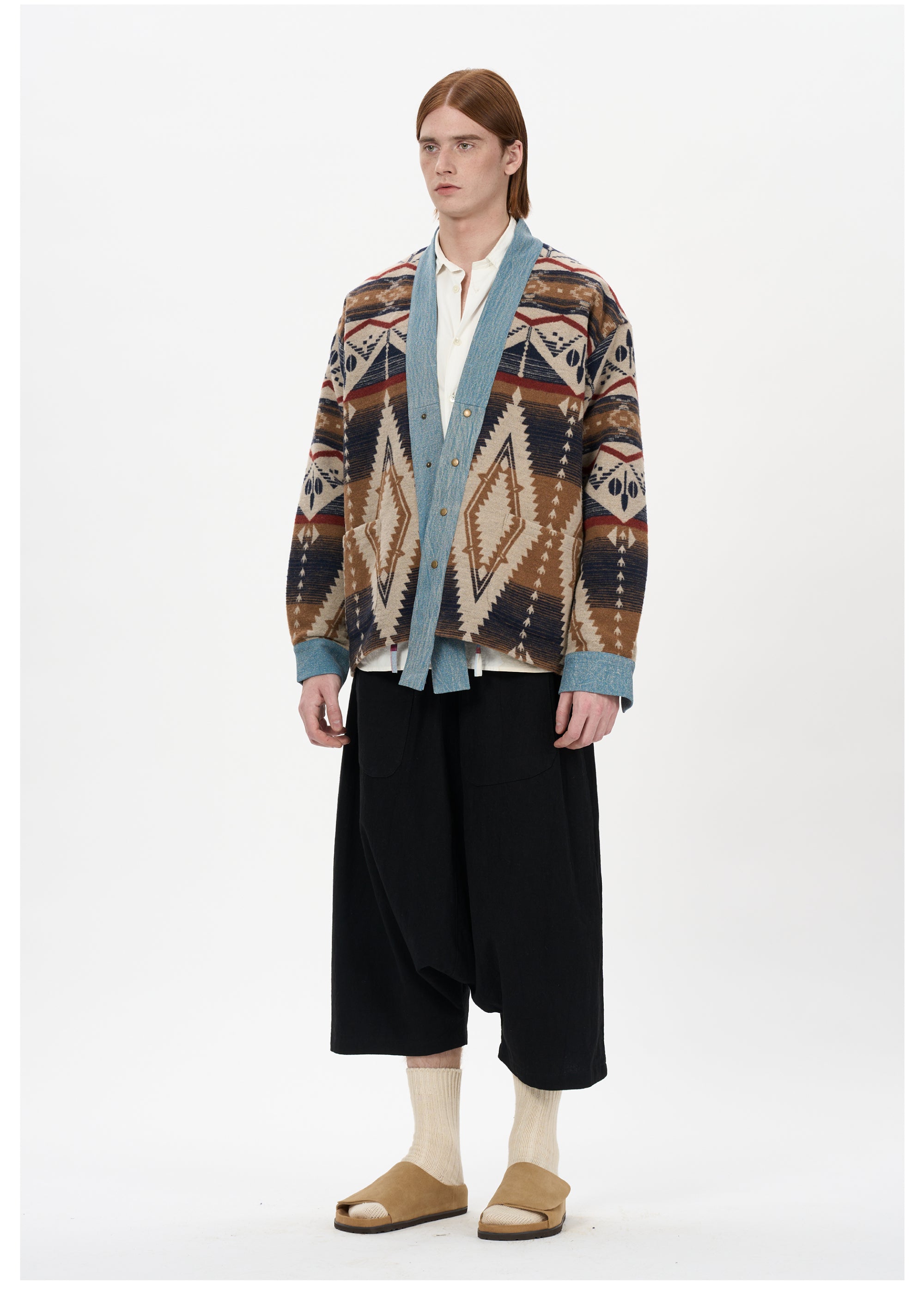 Woodbowl.2023aw Navajo/Woolen Jacket Wool Fabric Tie Ethnic Robe