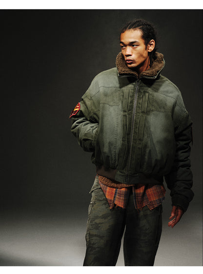 24aw Washed Green Vintage Jacket Cotton-Padded Coat Distressed Epaulet Fur Collar Thickened Coat