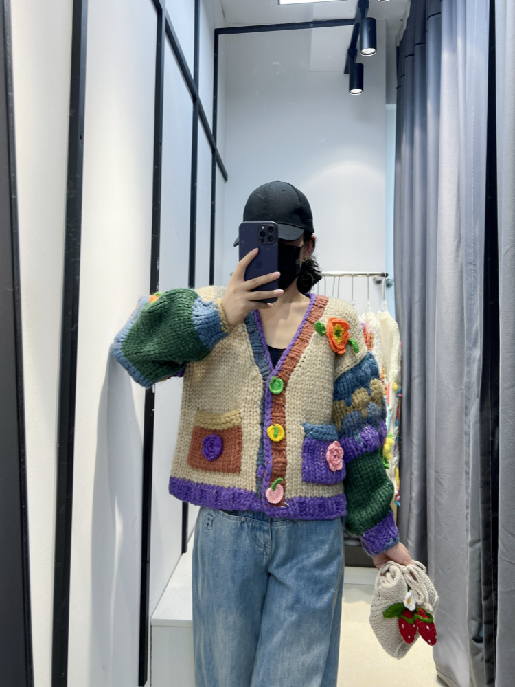 French Heavy Craft Pure Handmade Thick Knitted Color-Block Vintage Style 3D Crochet Sweater Cardigan for Women