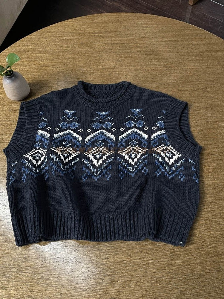 Women's Autumn Winter Fair Isle Crochet Vest - Japanese Nordic Style Sleeveless Knitted Waistcoat