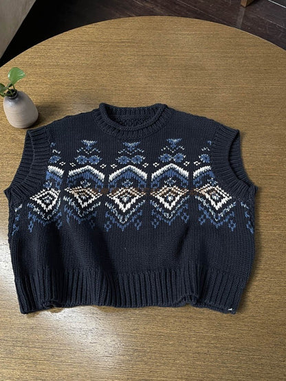 Women's Autumn Winter Fair Isle Crochet Vest - Japanese Nordic Style Sleeveless Knitted Waistcoat