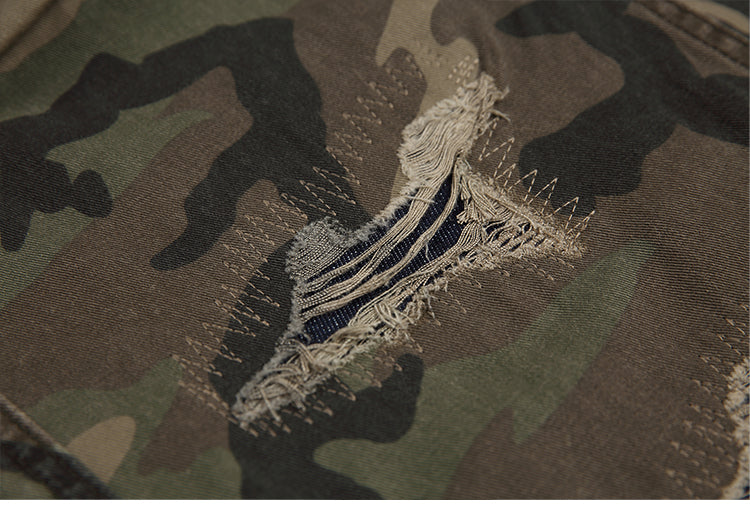Men's American Street Retro Cargo Pants - Camouflage Heavy Washed Ripped Straight-Leg Pants