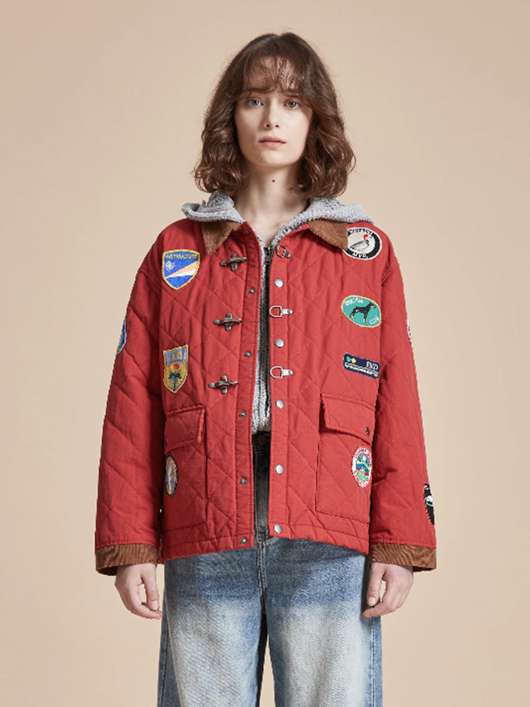 Multi-Emblem Embroidery Vintage Quilted Lightweight Cotton Jacket