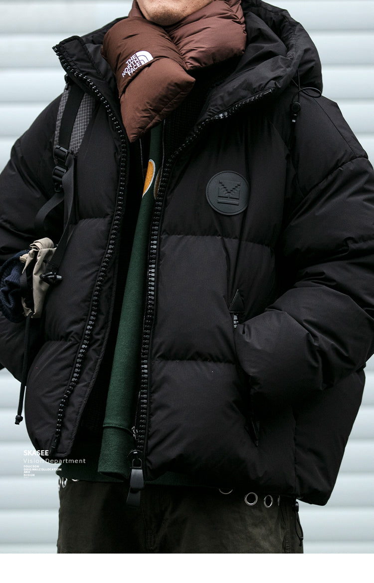 Detachable Fake Two-Piece Wool Collar Puff Feel Down Jacket Men Winter Trendy Loose Thickened Plaid Pattern Coat Trendy