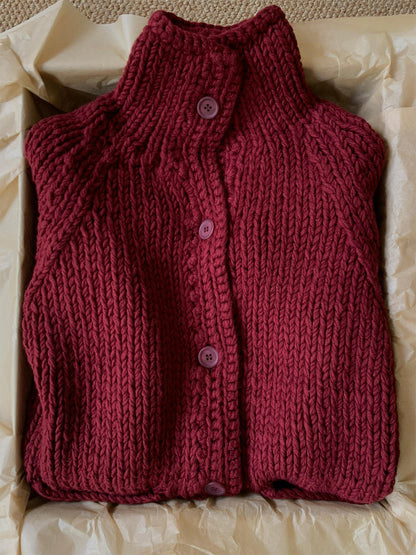 Berry Red Stand-Collar Wool Cardigan Coat – Thick-Needle Premium Knit (Women)