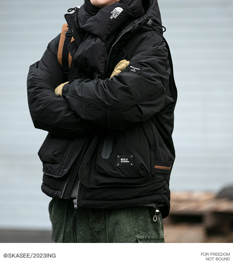 Winter Workwear Hooded Down Jacket Men's Trendy Loose Outdoor Multi-Pocket Functional 90% White Duck Down Warm Coat Trendy