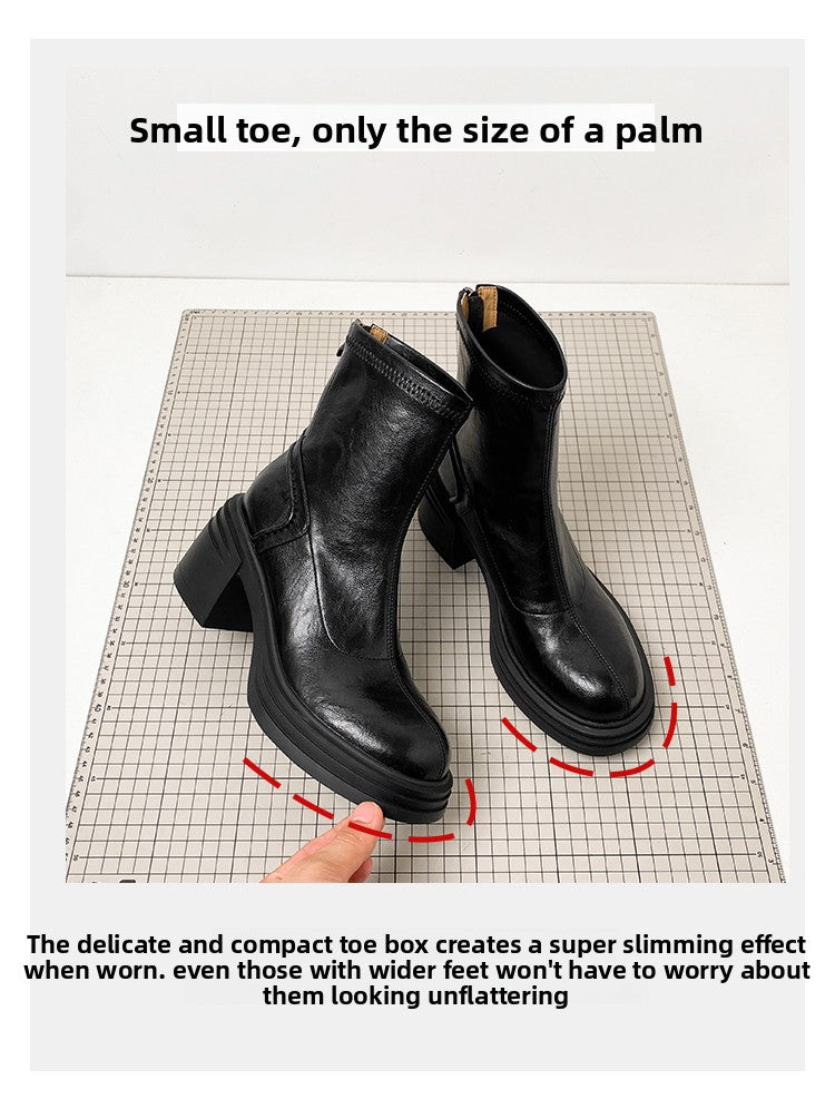 Women's Retro Genuine Leather Martin Boots - Brown Cowhide Thick-Soled Back-Zip Chunky Heel Boots