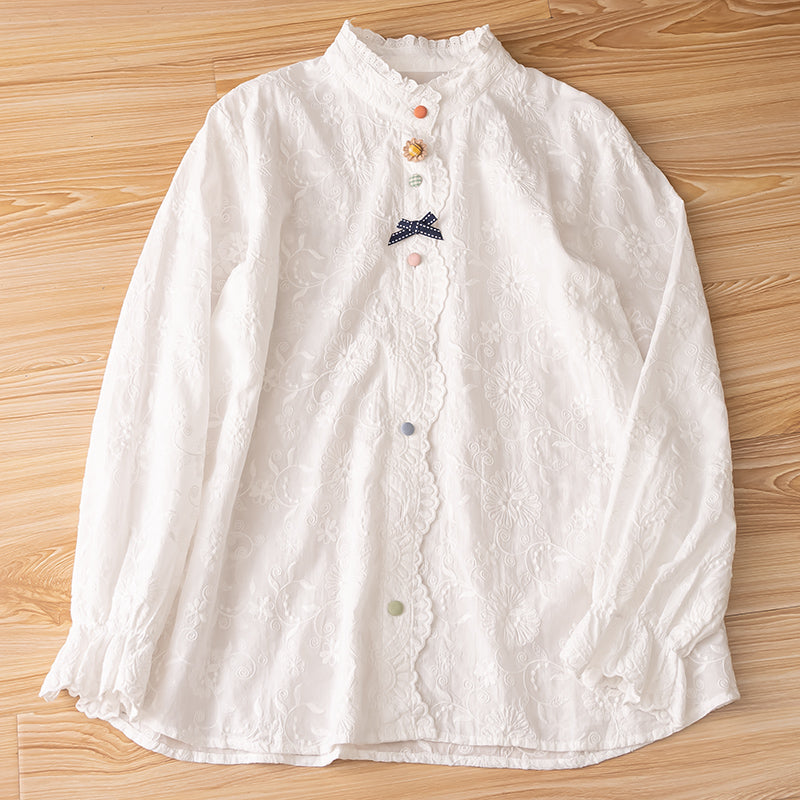 Japanese Style Ruffled Stand Collar Shirt – Color-Button Bow Long Sleeve Top