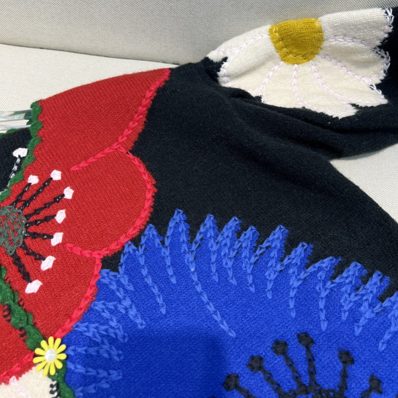 French Style Heavy Embroidery Floral Vintage Knit Sweater for Women 2025 Autumn Winter New Loose Cardigan Coat Trend
