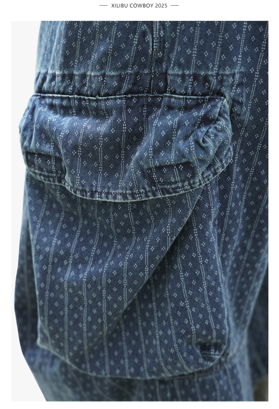 Blue Dyed Jacquard Loose Fit Scimitar Cropped Pants Japanese Retro Style with Large Pockets Casual Mid-Length Shorts