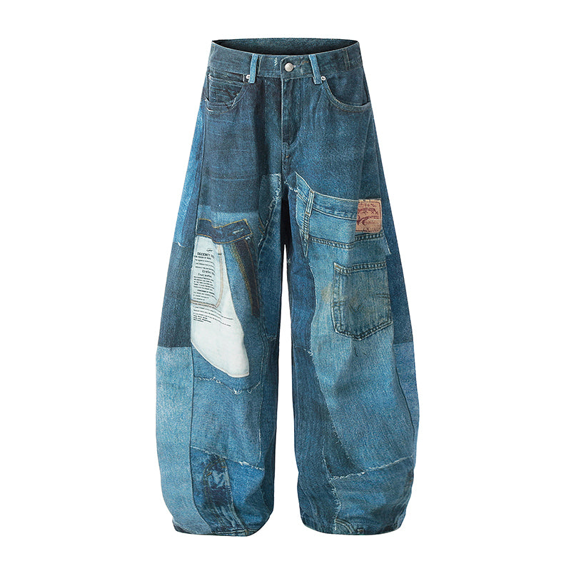 Printed Washed Denim Fabric Creative Design Color Block Feel Scimitar Pants Wide Leg Jeans