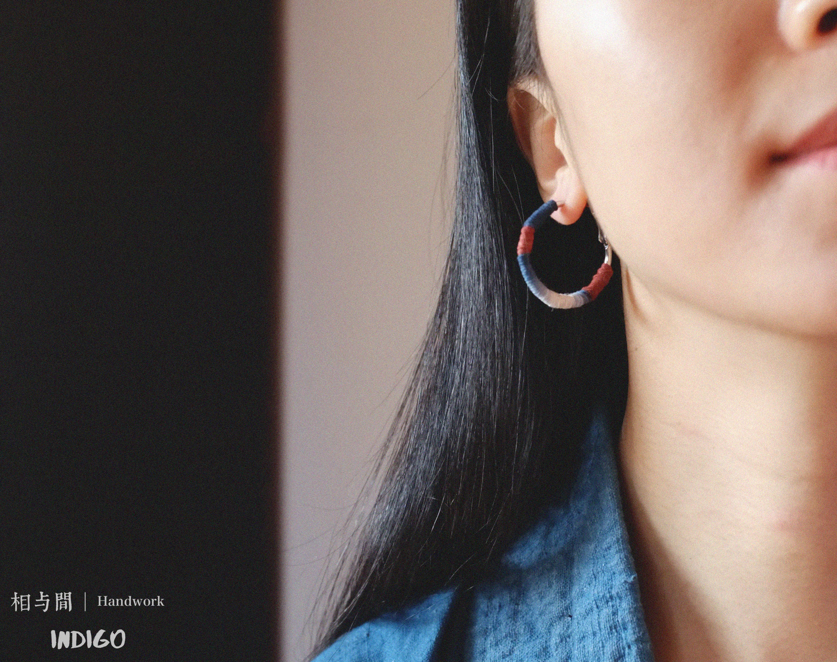 Original Earrings Handmade Blue Dyed Plant-Dyed Cotton Thread Niche Geometric Circle High-End Earrings