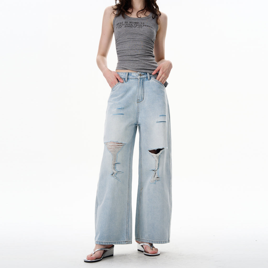 American Style Distressed Light Blue Jeans Trendy Brand Men's Cool Street Style High-End Pants