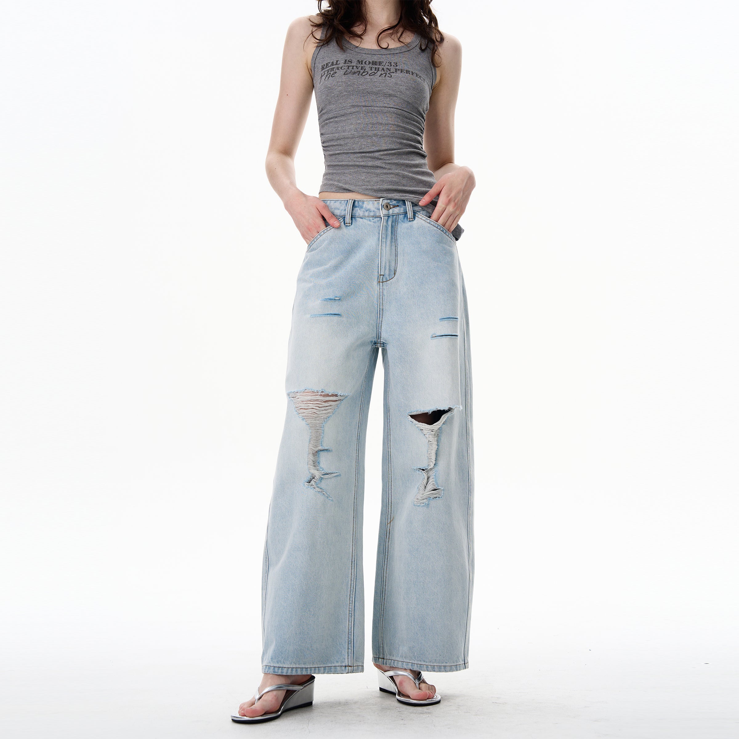 American Style Distressed Light Blue Jeans Trendy Brand Men's Cool Street Style High-End Pants