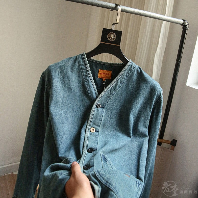 Autumn New Japanese Retro Washed Cotton Men's Casual Versatile Collarless Denim Jacket Coat Trend