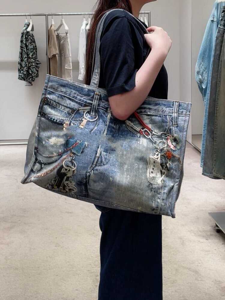 2025 Spring Summer New Vintage Denim Patchwork Color Block Handbag Shoulder Bag Large Capacity Tote Shopping Bag Women's Bag