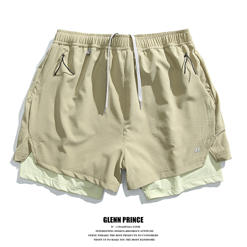 Summer Outdoor Fake Two-Piece Double-Layer Running Sports Shorts for Men Anti-Exposure Quick-Dry Cycling Training Shorts