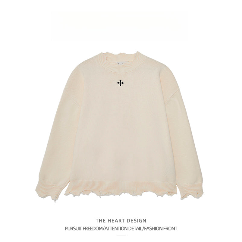 Men's Retro Cross Embroidered Distressed Knit Sweater – High Street American Style Casual Winter Pullover Jacket