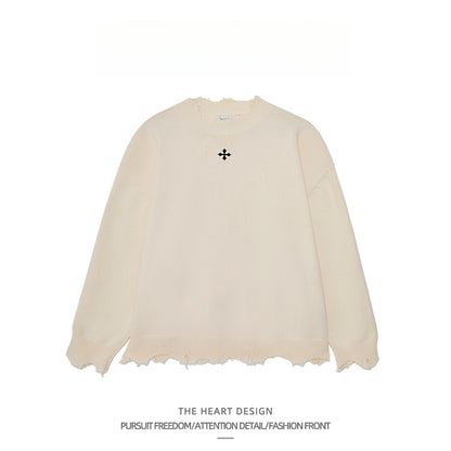 Men's Retro Cross Embroidered Distressed Knit Sweater – High Street American Style Casual Winter Pullover Jacket