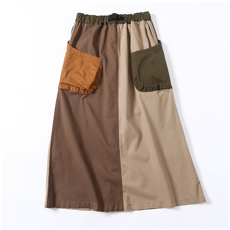 Japanese-Style Patchwork A-Line Skirt – Retro Loose Fit with Elastic Waist & Pockets