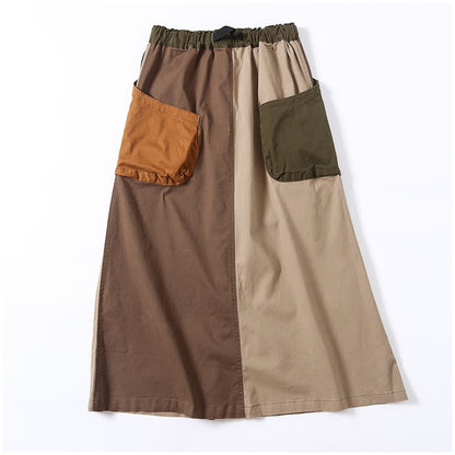 Japanese-Style Patchwork A-Line Skirt – Retro Loose Fit with Elastic Waist & Pockets