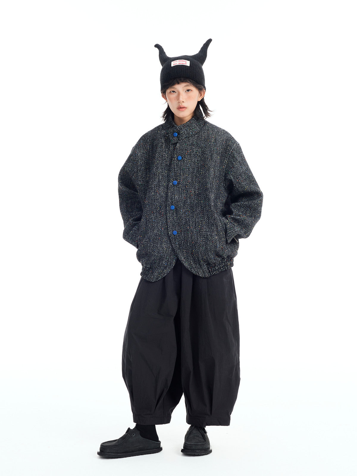 Japanese Retro Color-Block Herringbone Wool Coat - Curved Stand Collar (Women)