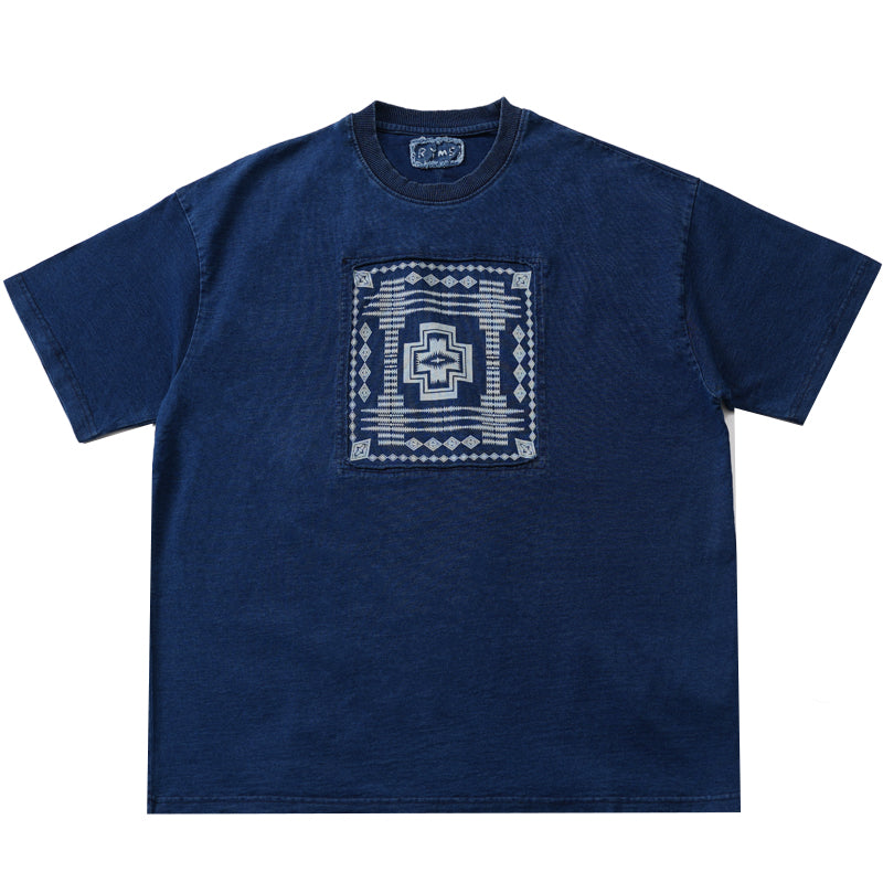 Japanese Retro Indigo Batik Craft Ethnic Style Patchwork Heavy Cotton Loose Fit Oversized T-Shirt for Men Summer Tee