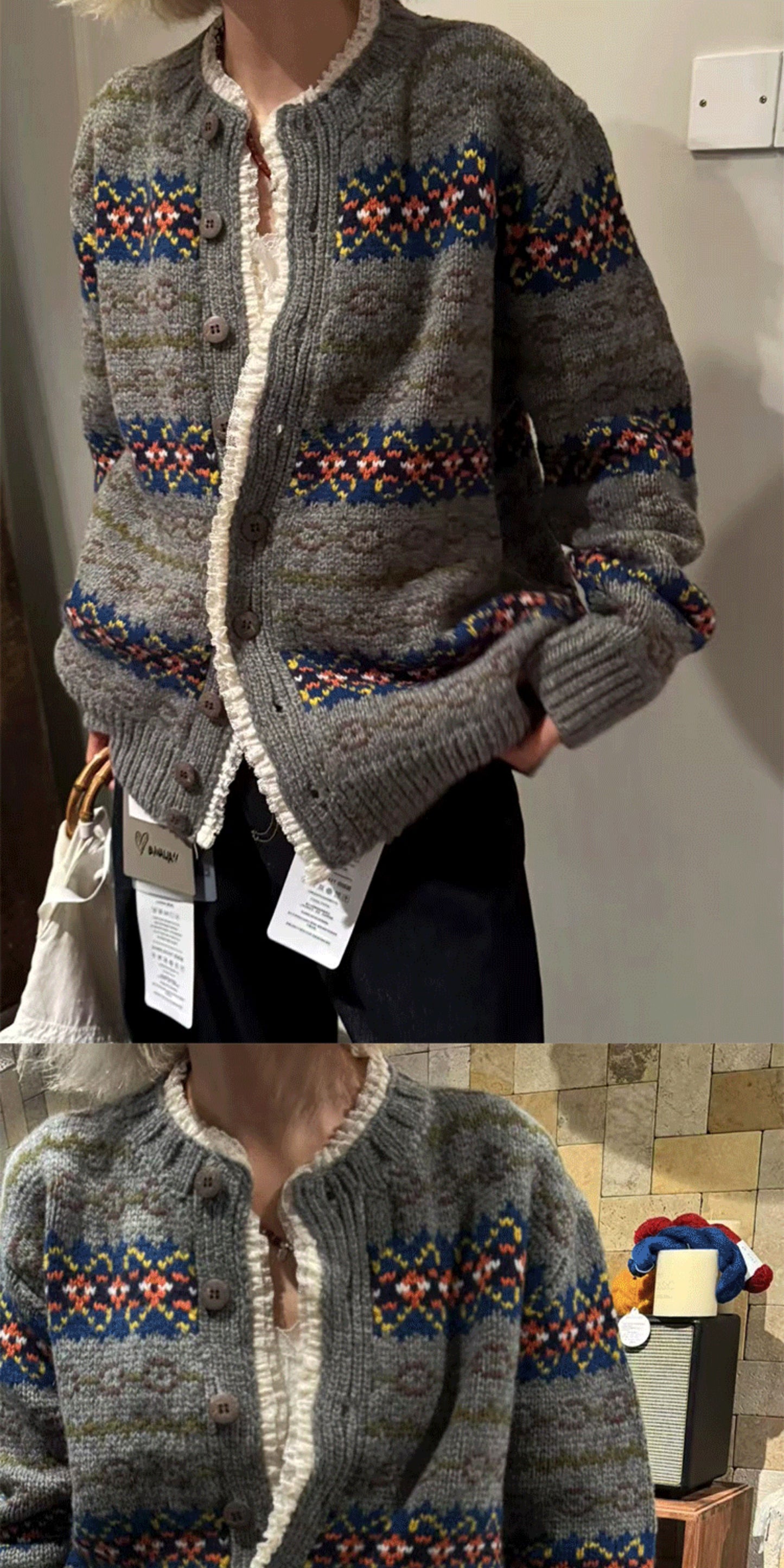 South Korea Nine-Bananas Fair Isle Lace-Trim Sweater Coat – Vintage Wool Blend, Cozy Retro Statement