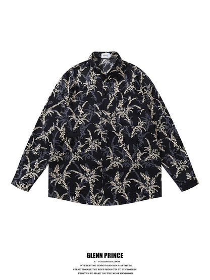 American Style Casual Floral Full Print Long Sleeve Shirt for Men, Loose Beach Shirt Jacket for Autumn