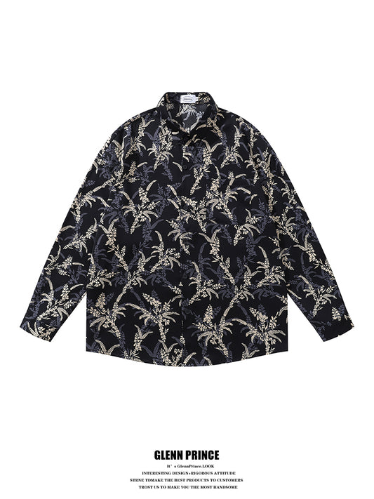 American Style Casual Floral Full Print Long Sleeve Shirt for Men, Loose Beach Shirt Jacket for Autumn