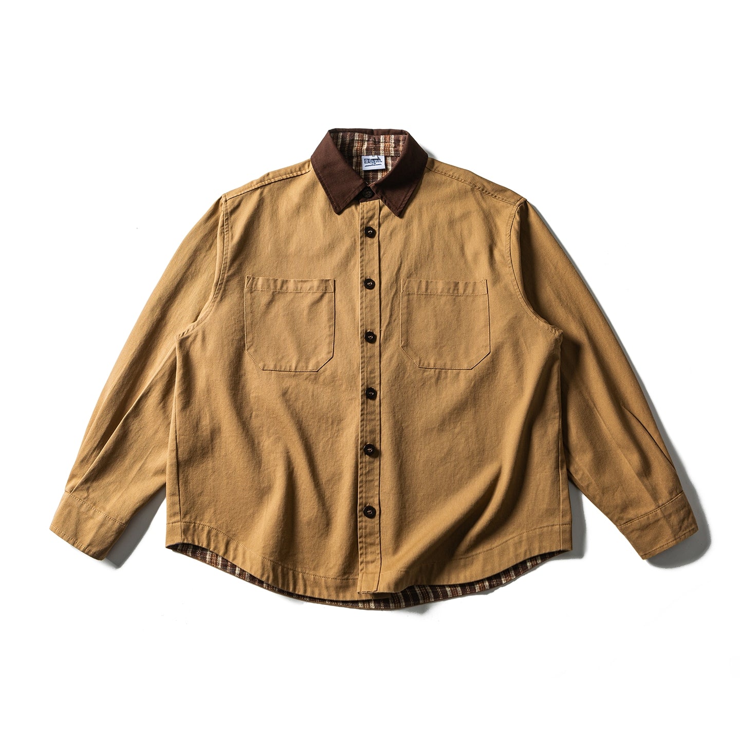 Colour-Block Turn-Down Collar Long Sleeve Shirt – Washed Heavy Cotton (Unisex)