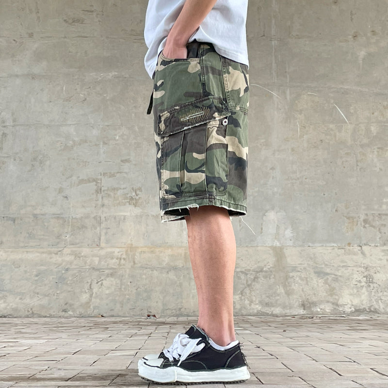 Men's American Street Retro Cargo Pants - Camouflage Heavy Washed Ripped Straight-Leg Pants