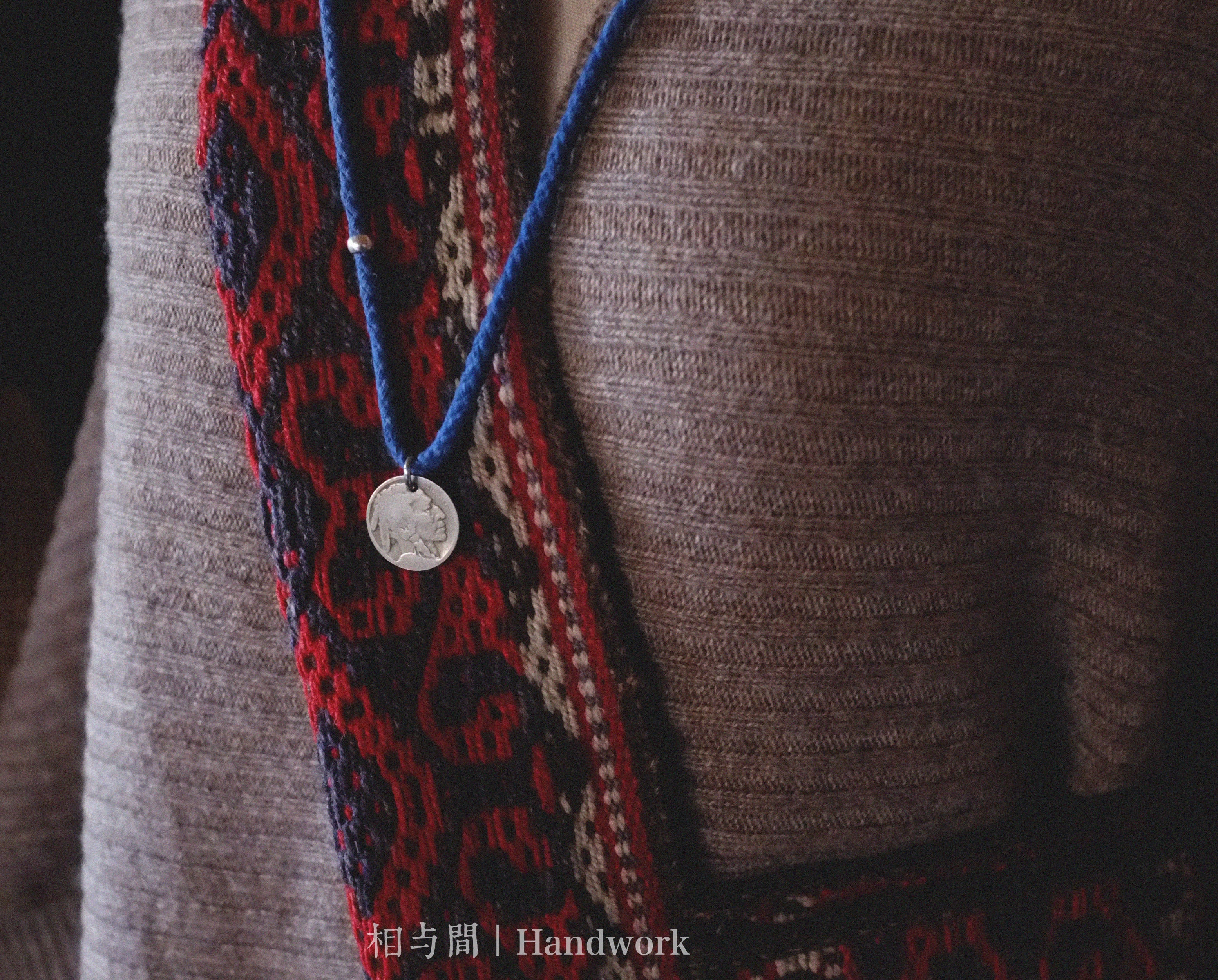 Original Indigo Dyed Indian Coin Woven Silver Bead Necklace Anchor Indigo Hand Rope