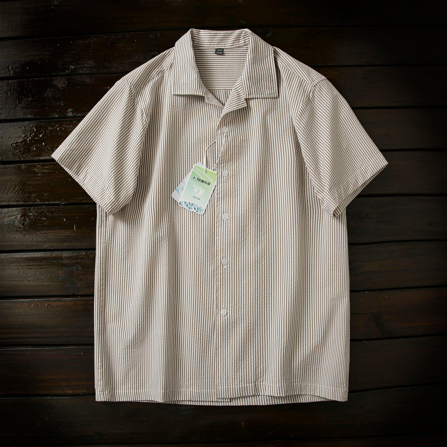 Bubble Gauze Texture 7A Antibacterial Cool Summer Men's Cuban Collar Striped Short Sleeve Shirt Top