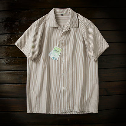 Bubble Gauze Texture 7A Antibacterial Cool Summer Men's Cuban Collar Striped Short Sleeve Shirt Top