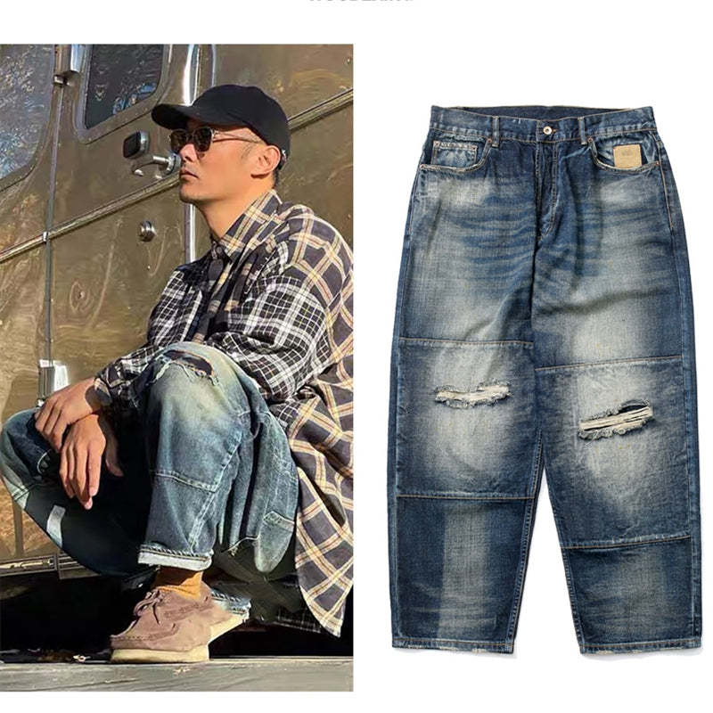 Workwear Washed Vintage Distressed Loose Straight Jeans