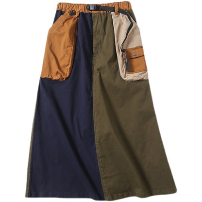 Japanese-Style Patchwork A-Line Skirt – Retro Loose Fit with Elastic Waist & Pockets