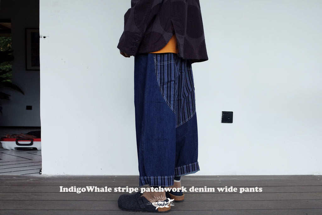 IndigoWhale Bamboo Denim Wide-Leg Patchwork Jeans – Heavy Wash, Drawstring Nine-Point Design