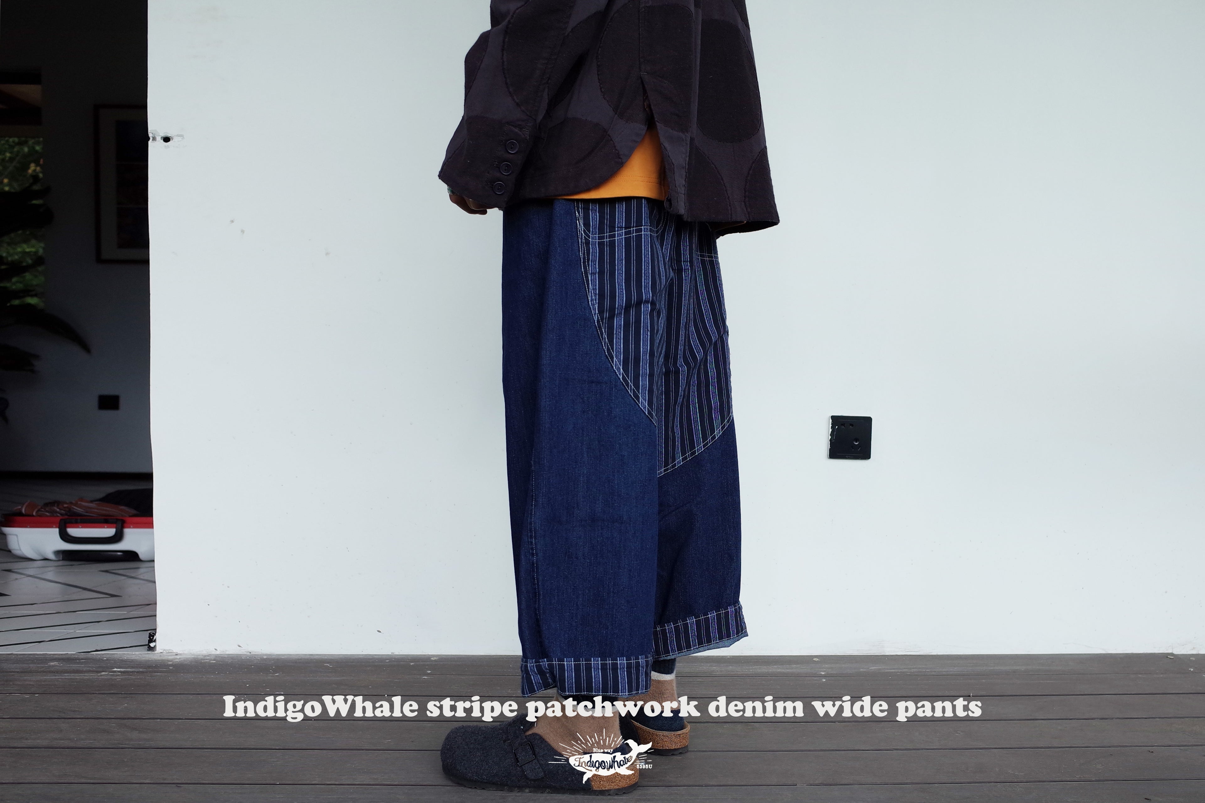 IndigoWhale Bamboo Denim Wide-Leg Patchwork Jeans – Heavy Wash, Drawstring Nine-Point Design