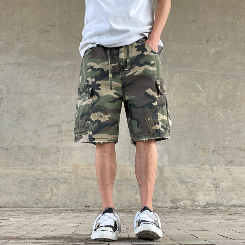 Men's American Street Retro Cargo Pants - Camouflage Heavy Washed Ripped Straight-Leg Pants