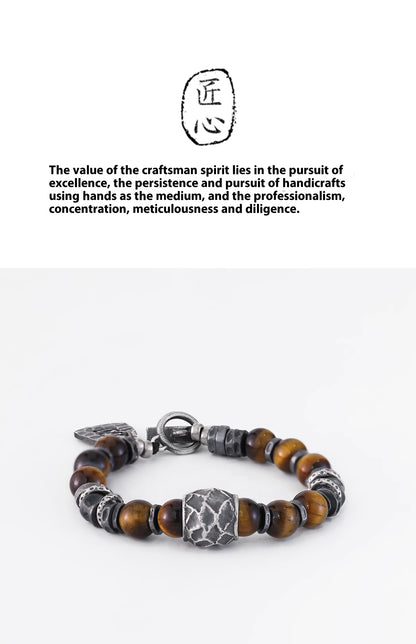 Yinshu Original Handmade &lt;Hammered&gt; Bracelet for Men Niche 999 Pure Silver Tiger Eye Stone Men's Vintage Bracelet