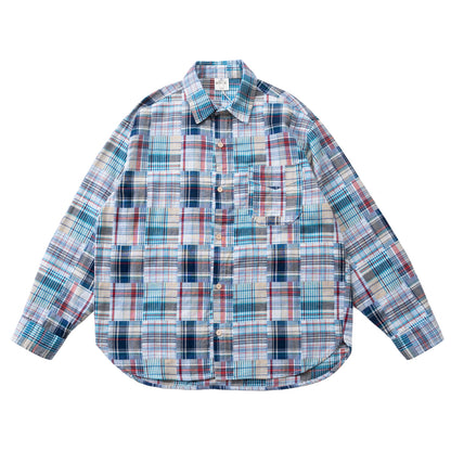 Baijia-Cloth Colorful Plaid Patchwork Shirt – Japanese Retro Loose Long Sleeve (Unisex)
