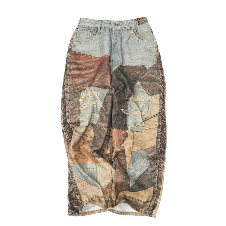 Beauty tide retro old hole patch 3D printing jeans dyed loose wide-leg pants