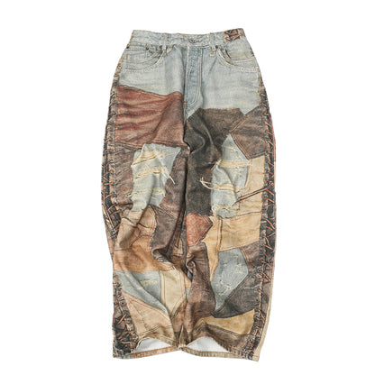 Beauty tide retro old hole patch 3D printing jeans dyed loose wide-leg pants