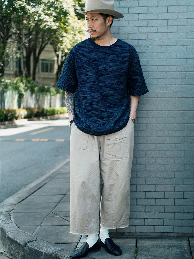 Original Japanese Retro Blue Dyed Sashiko & Kasuri Loose Fit Crew Neck Short Sleeve T-Shirt