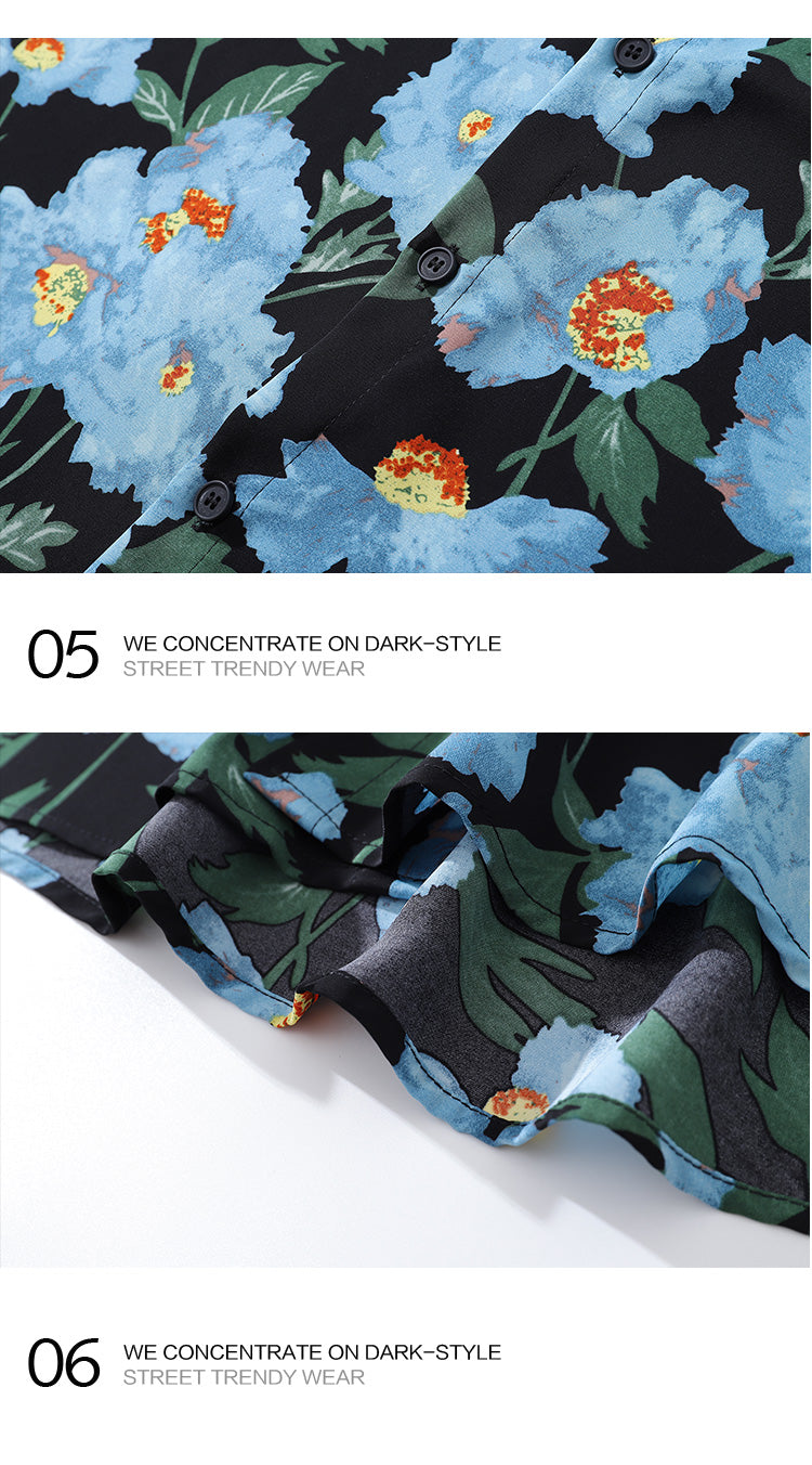 Resort Style Blue Floral Full Print Long Sleeve Shirt for Men 2025 Autumn New Hawaiian Floral Shirt