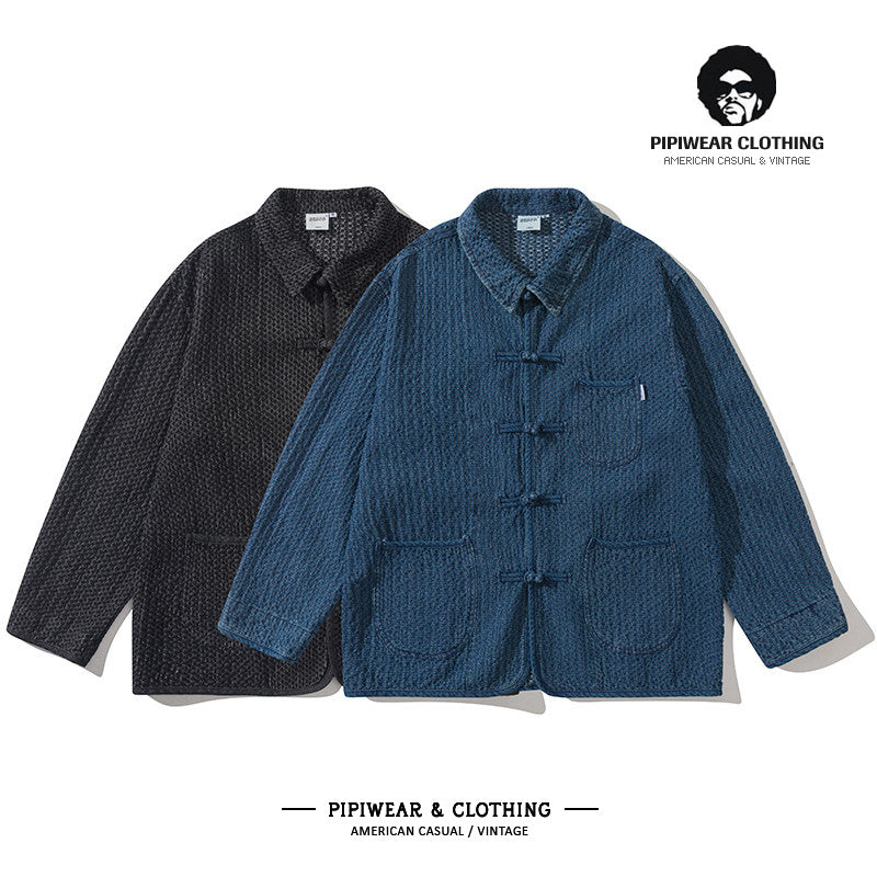 Amekaji Autumn Vintage Multi-Pocket Button Work Jacket Men's Loose Fit Turn-Down Collar Washed Jacket Trend